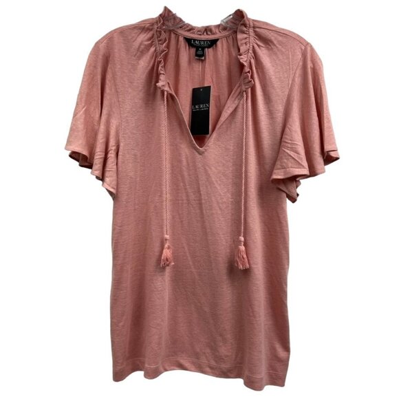 LAUREN Ralph Lauren Jersey Tie Neck Top, Ruffle Short Sleeve, Rose Pink - Picture 1 of 4